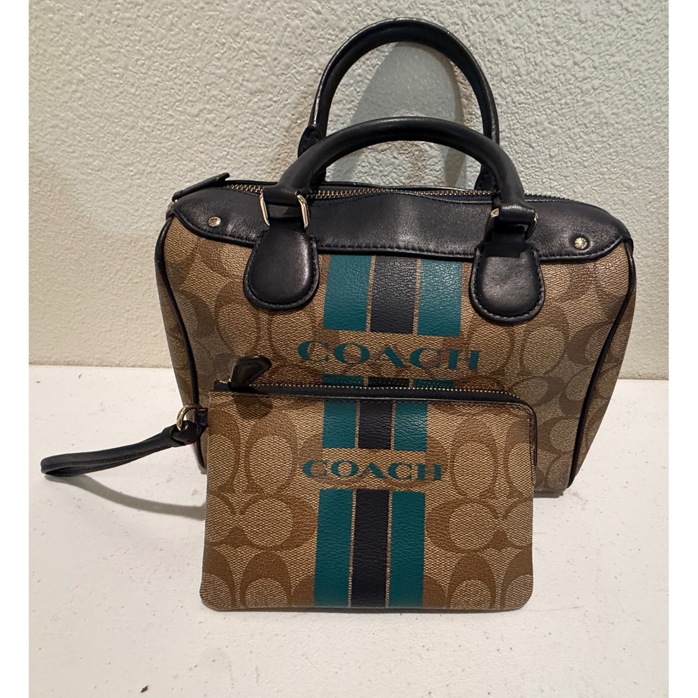 Coach Signature Canvas Rowan Satchel and Wristlet Set Khaki Navy Teal Stripe